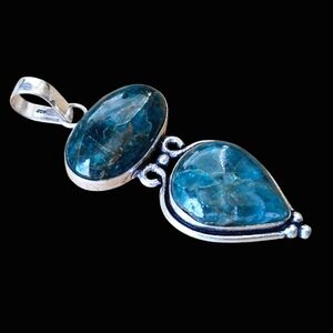 Large Double Natural Blue Apatite Crystal 925 Sterling Silver Necklace 18"